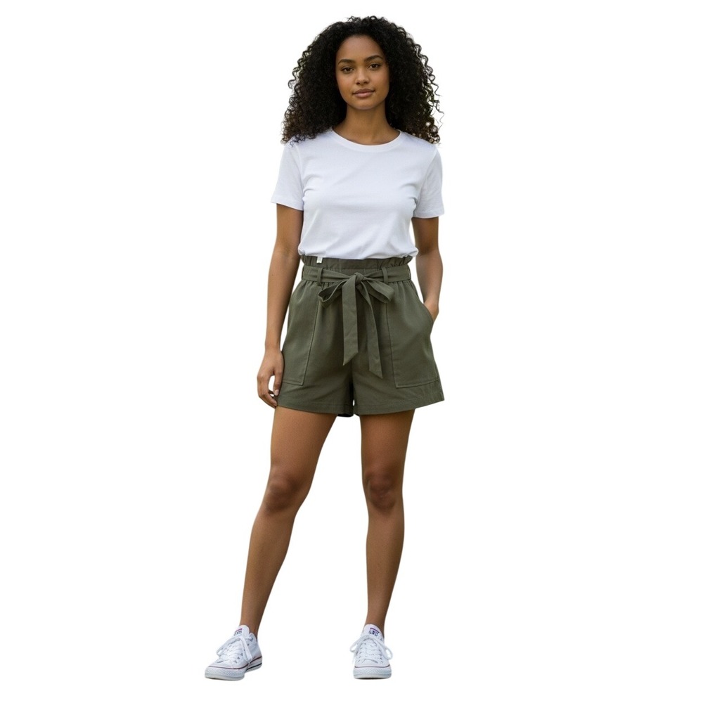 Windsor Womens Olive Green Paperbag Waist Shorts High Rise Tie Belt IP489 Size S